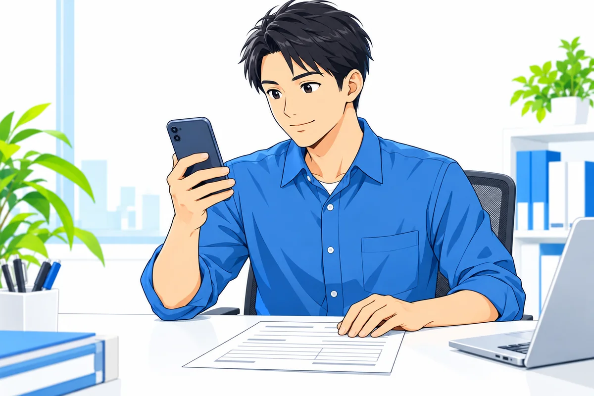 転職後にスマートフォンと勤務先の情報を見比べる男性