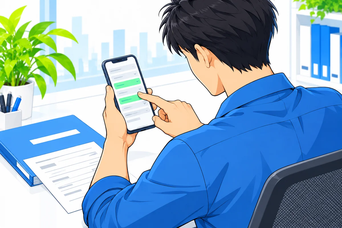 スマートフォンで新しい勤務先の登録情報を見直す男性