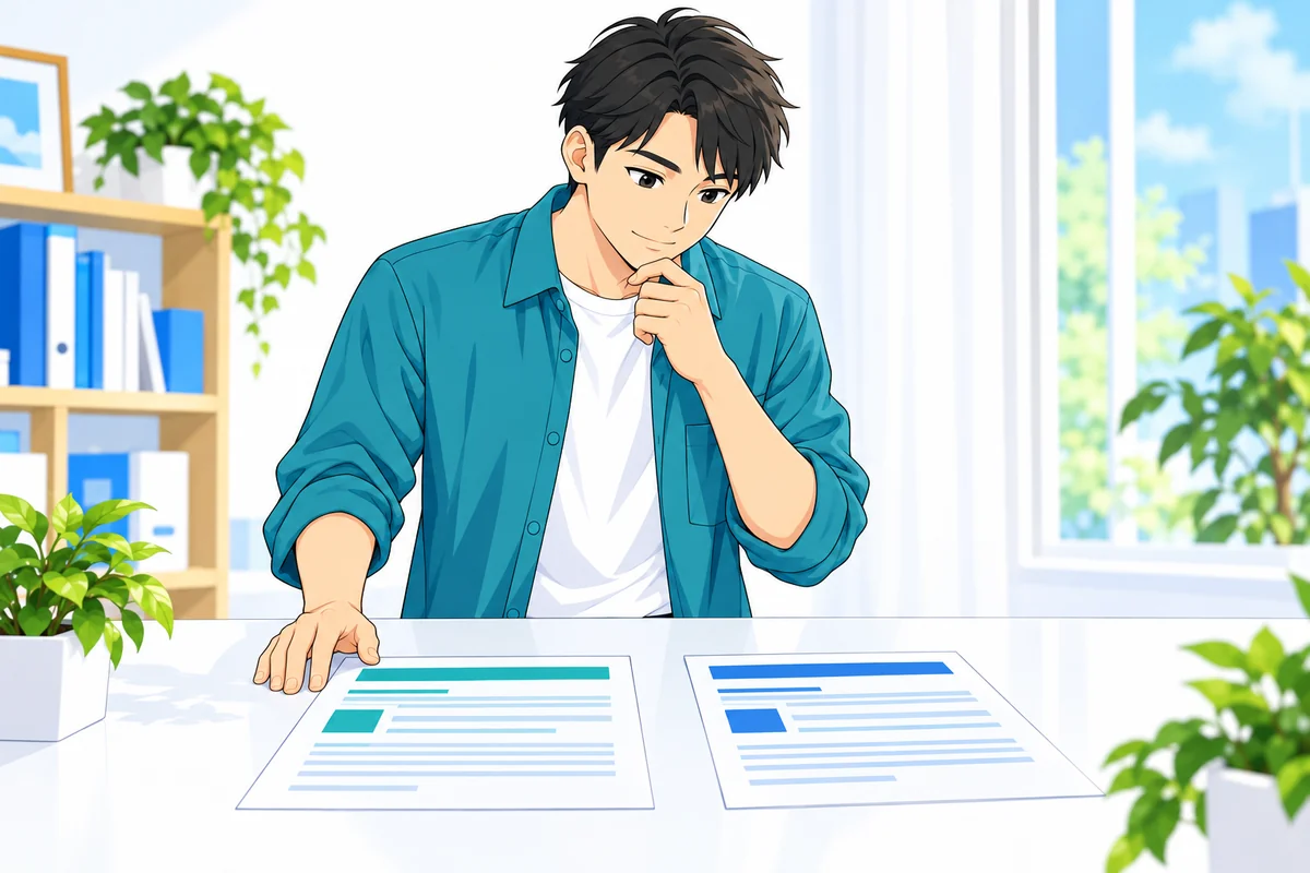 二種類の書類を並べて確認する男性