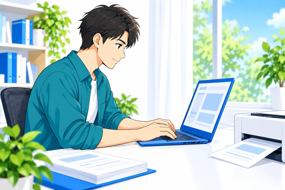ノートパソコンで書類の印刷を準備する男性