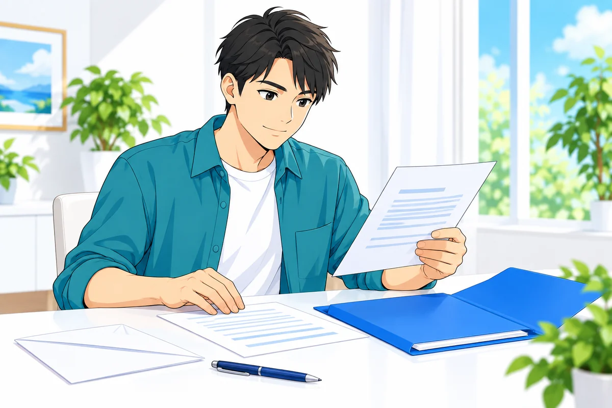 提出前に書類と封筒をそろえる男性