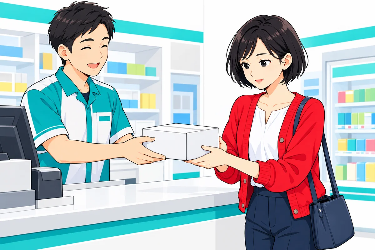 発送されたカードの荷物をコンビニのカウンターで受け取る女性