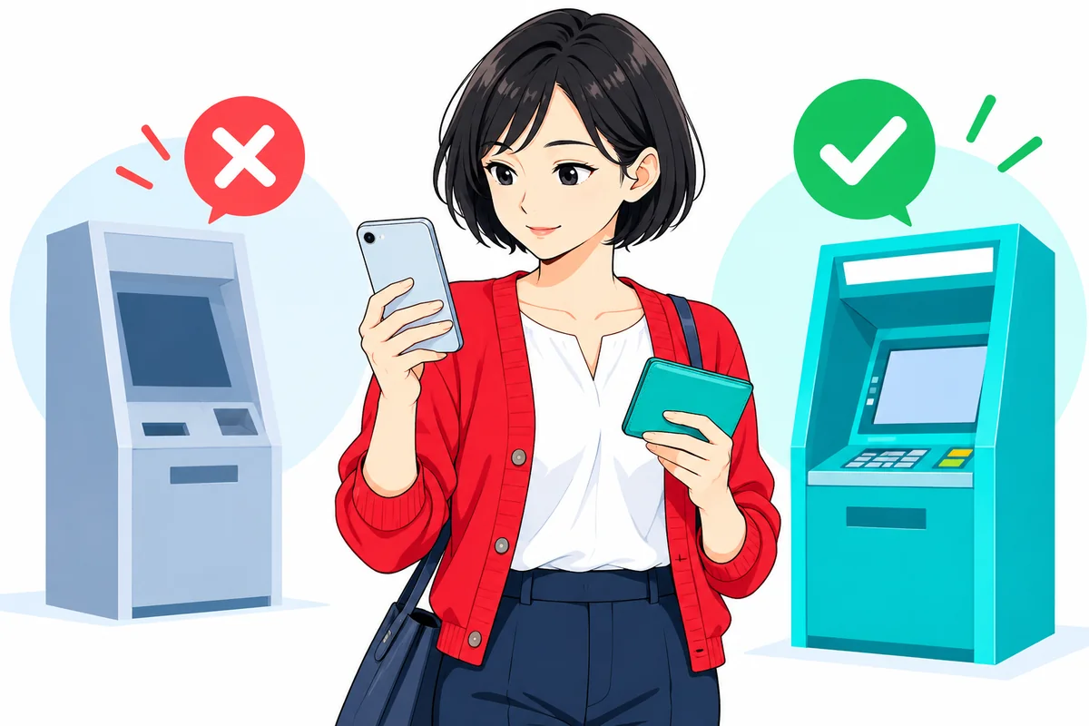契約機とATMを区別しながら利用方法を調べる女性