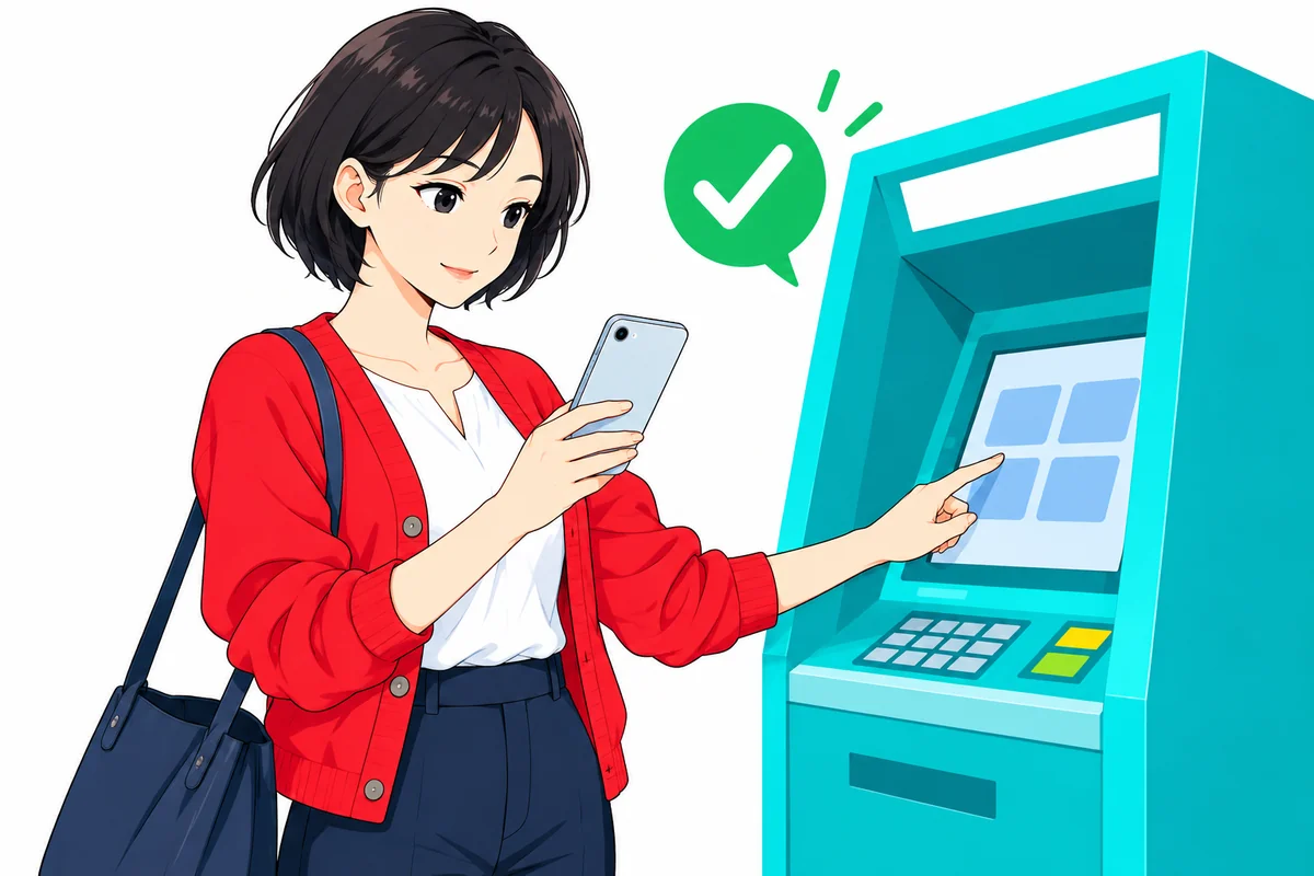 スマートフォンを使ってカードなしでATMを操作する女性