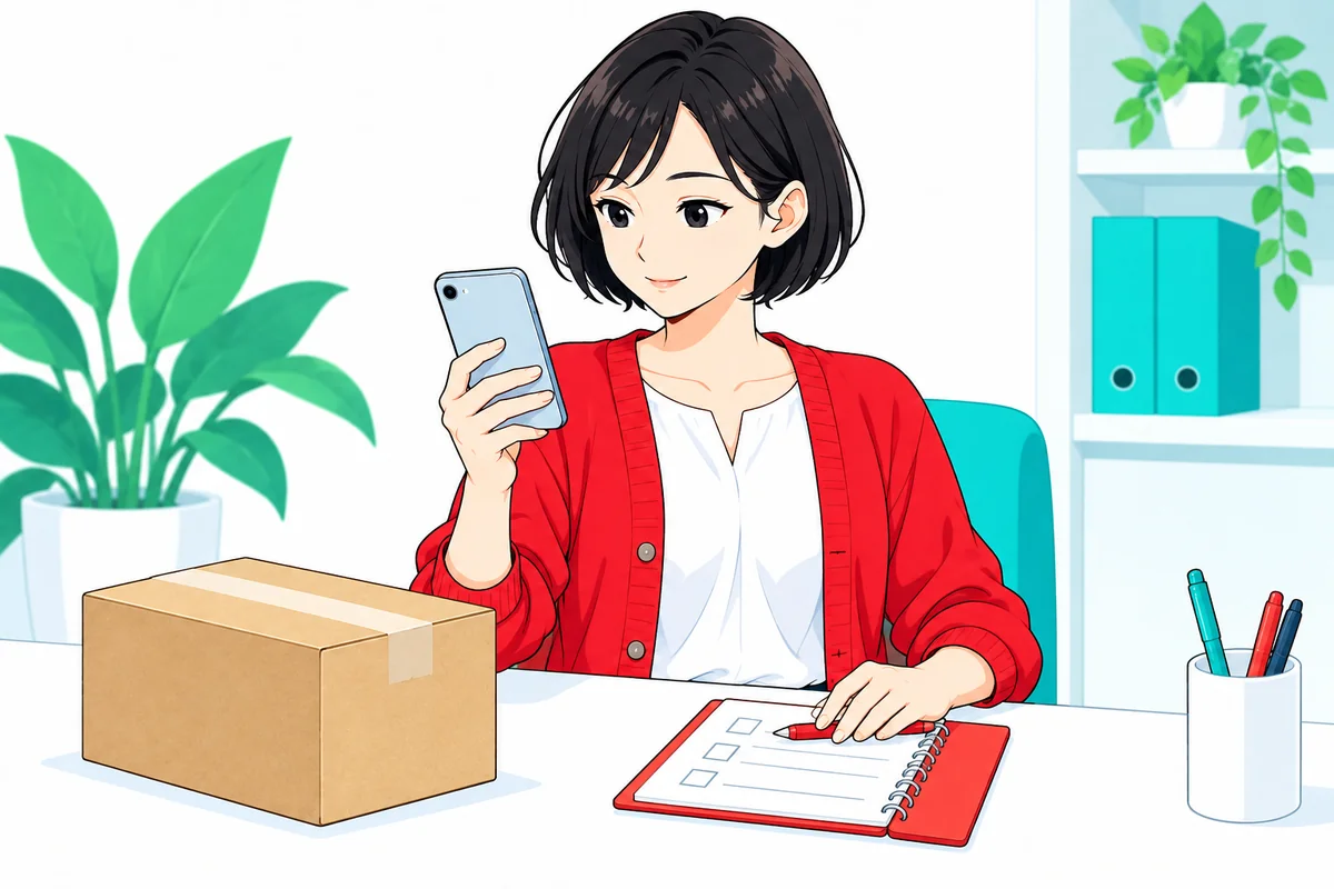 申込やカード配送の状況をスマートフォンとメモで確認する女性