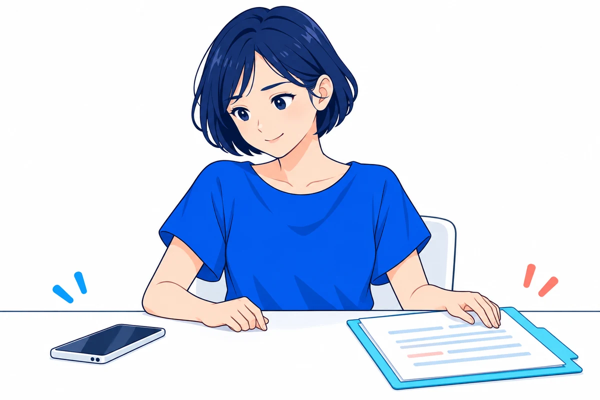 スマートフォンと契約書類を見比べて違いを確認する女性