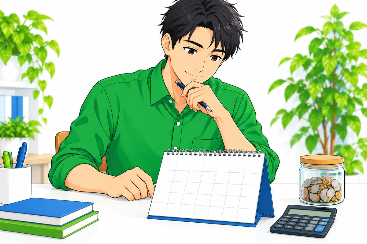 カレンダーと計算機で返済計画を検討する男性