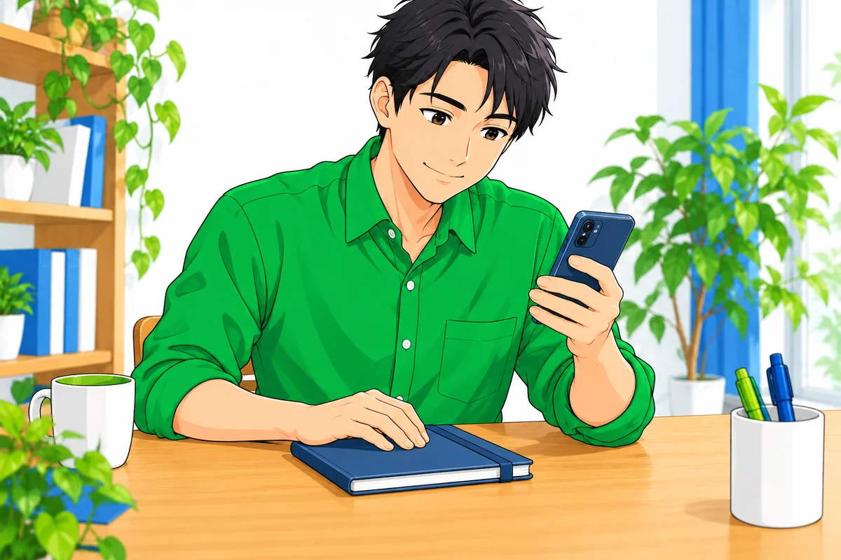 変更後の内容をスマートフォンで確認する男性