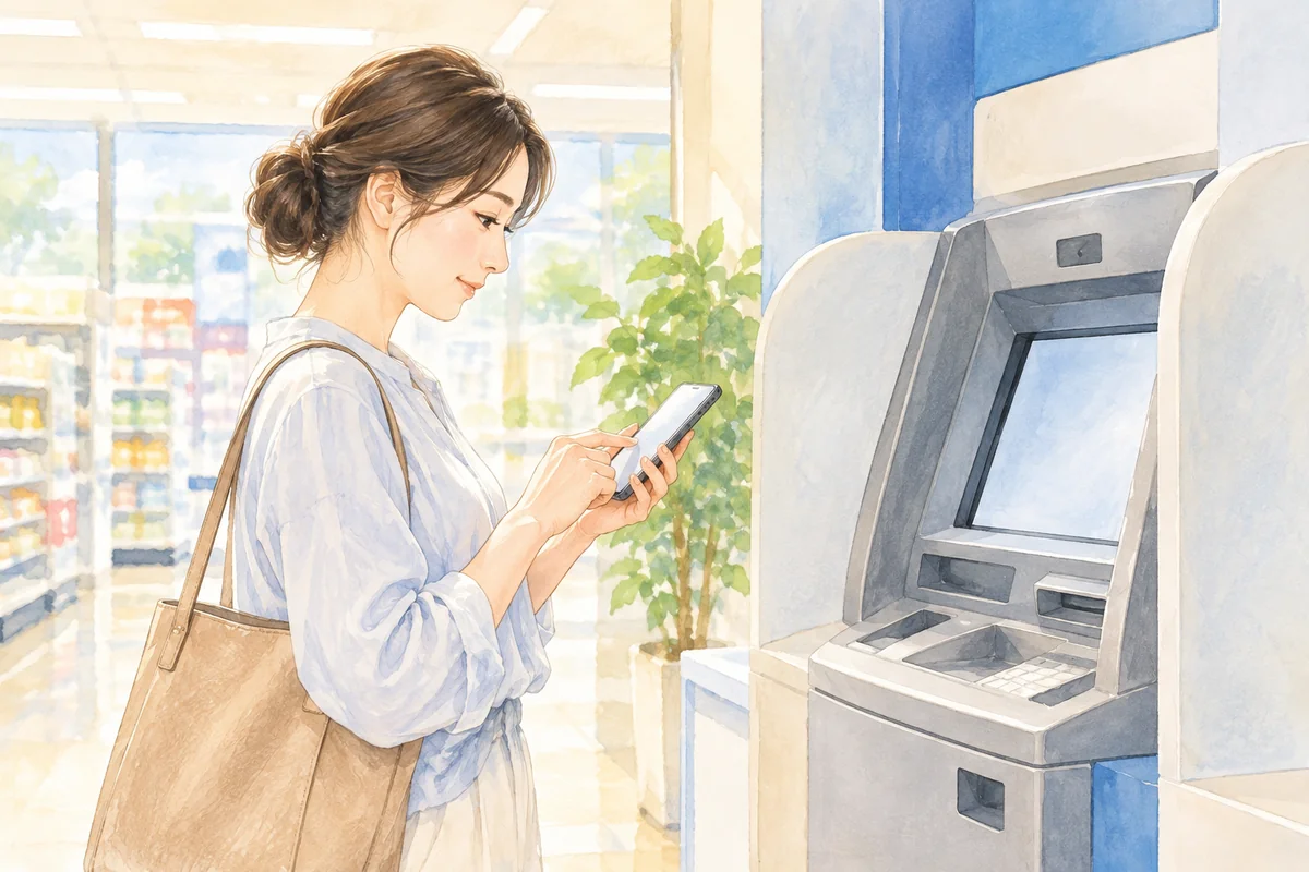 スマートフォンを使ってATMで取引する場面のイメージ