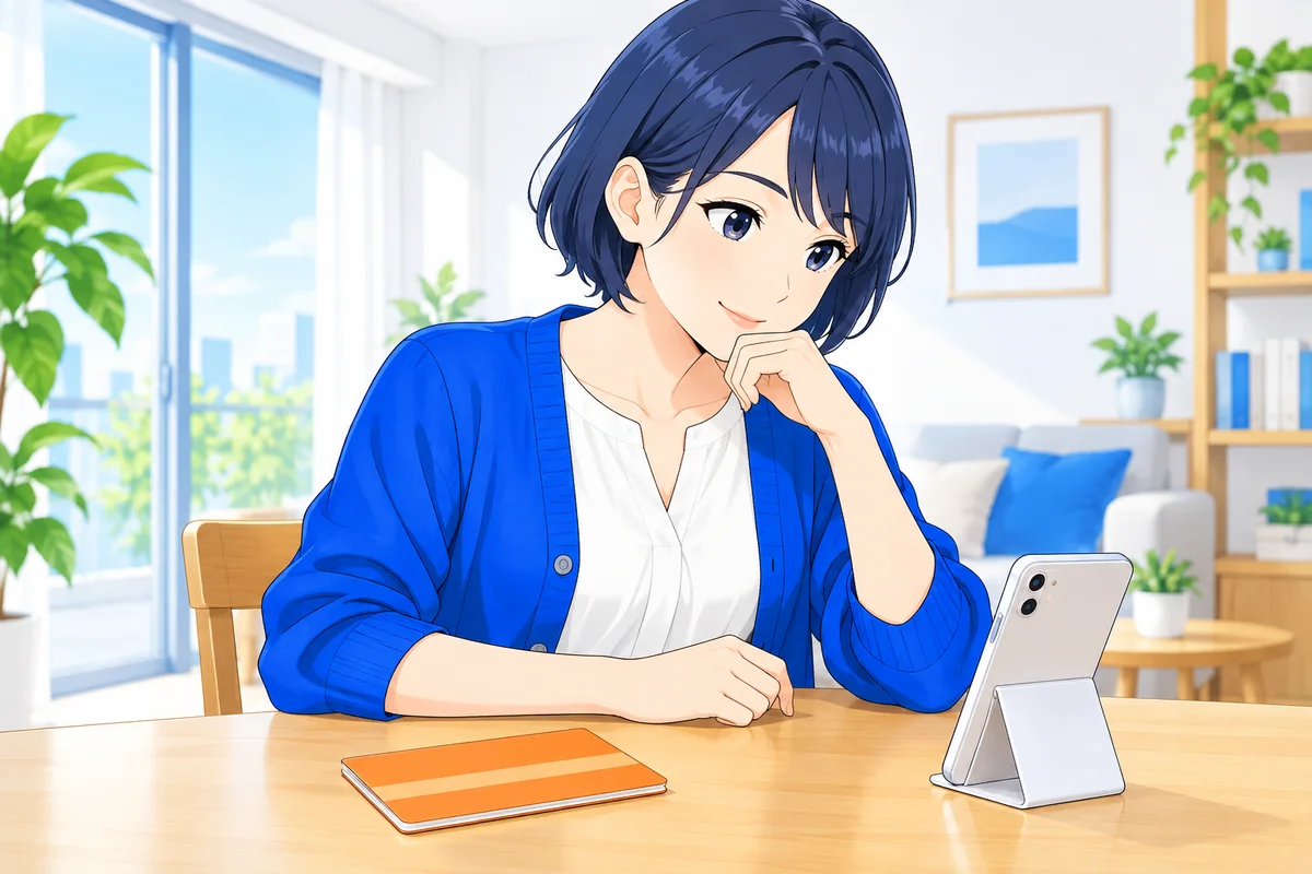 通帳とスマートフォンを並べて返済方法を考える女性