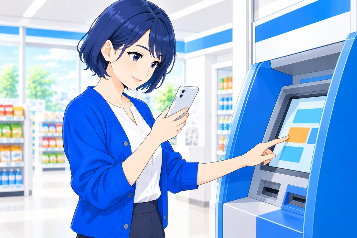 コンビニATMの前でスマートフォンを使って返済を進める女性