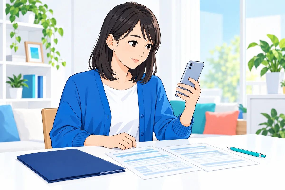 スマートフォンと給与明細を手元に用意して提出の準備をする女性