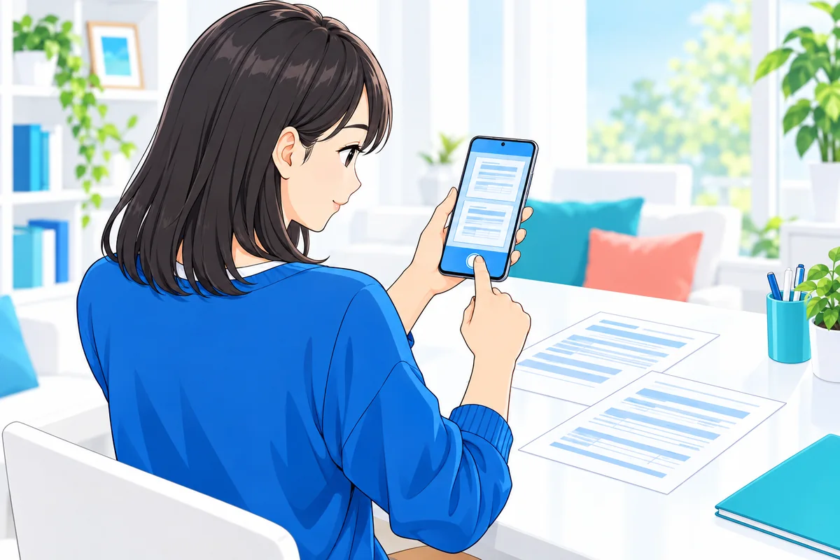 スマートフォンに表示した明細の範囲を確認しながら保存する女性