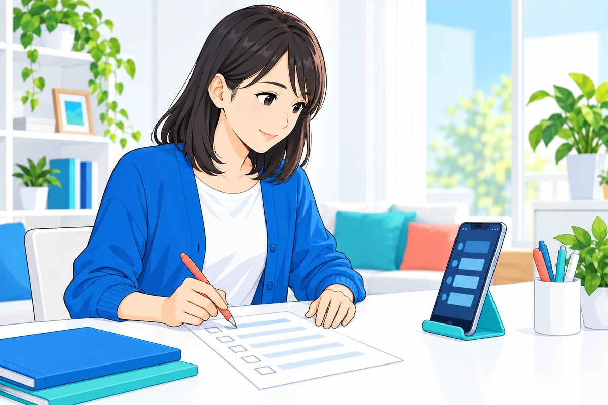 保存したファイルとノートを見直してスマートフォンで送信を準備する女性