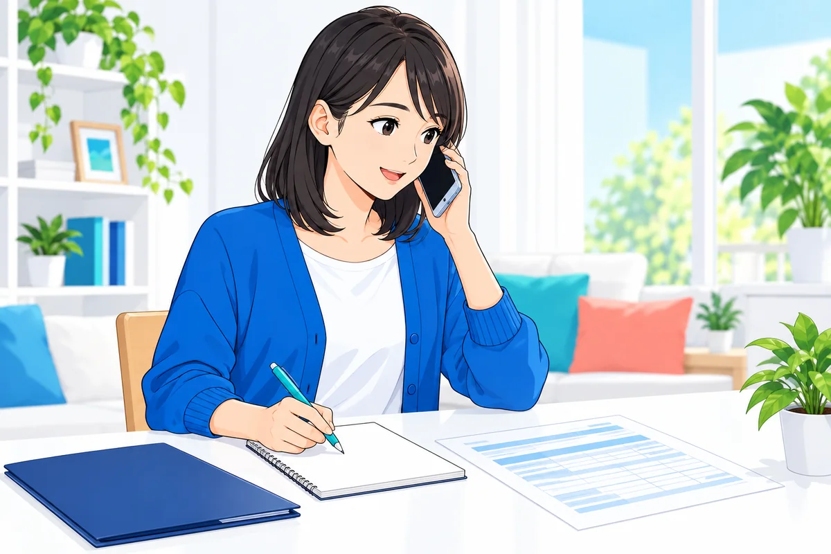 給与明細の気になる点をメモしながら電話で提出方法を相談する女性