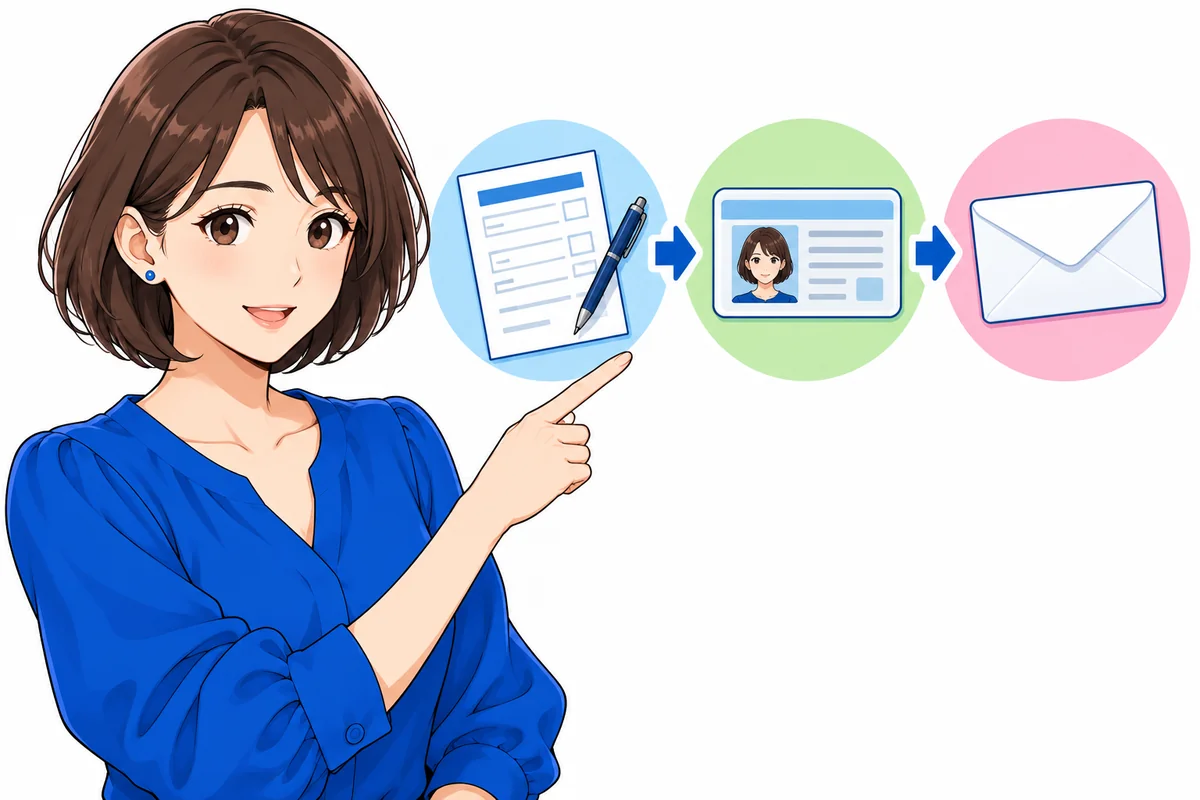 申込書類から本人確認と通知へ進む手続きの順序を示すイラスト