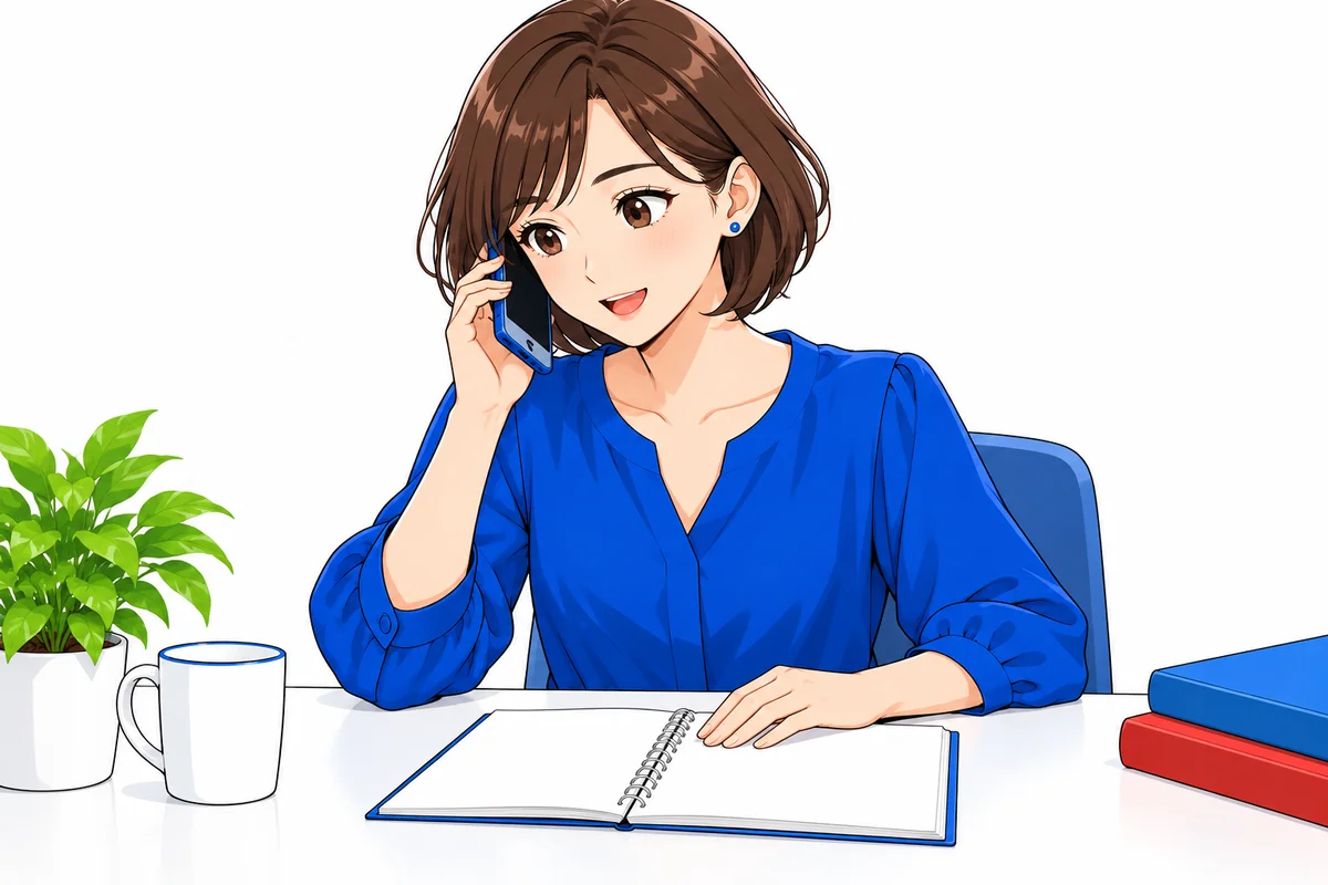 申込状況を書いたメモを見ながら電話で相談する女性