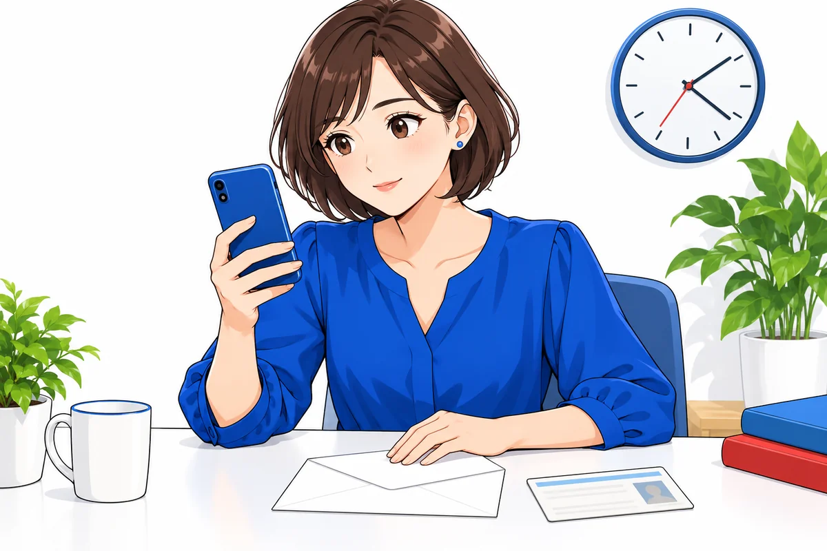 審査結果を待ちながらスマートフォンと書類を確認する女性