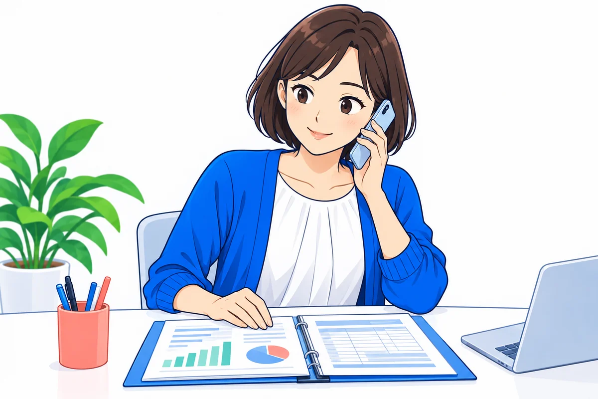 スマートフォンの案内と手元の書類を見ながら提出方法を相談する女性