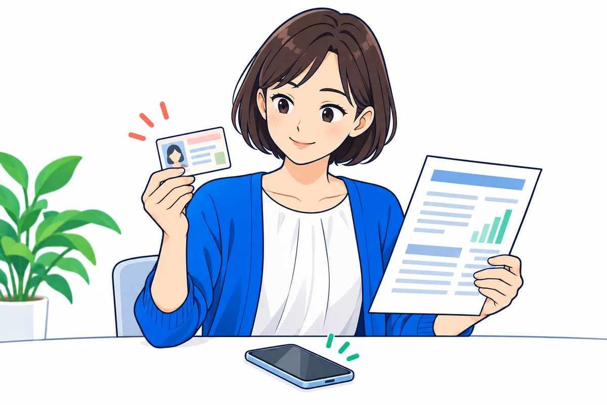 カードと収入を示す書類を前にスマートフォンで提出方法を確認する女性