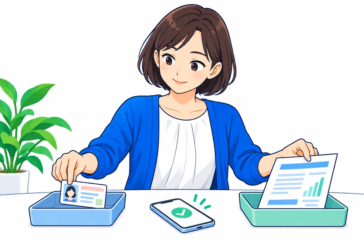 本人を示すカードと収入を示す書類を分けて確認する女性
