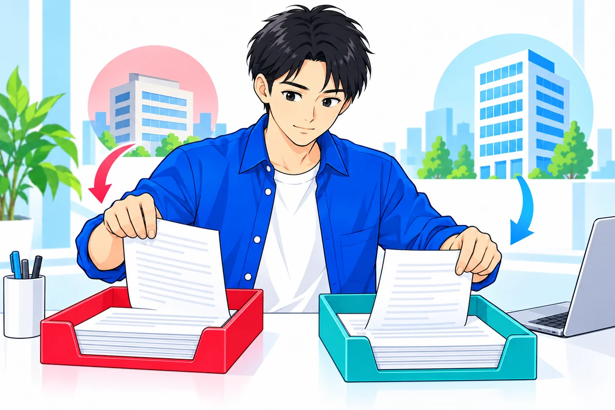 前の会社と今の会社の書類を別のトレーへ分ける男性