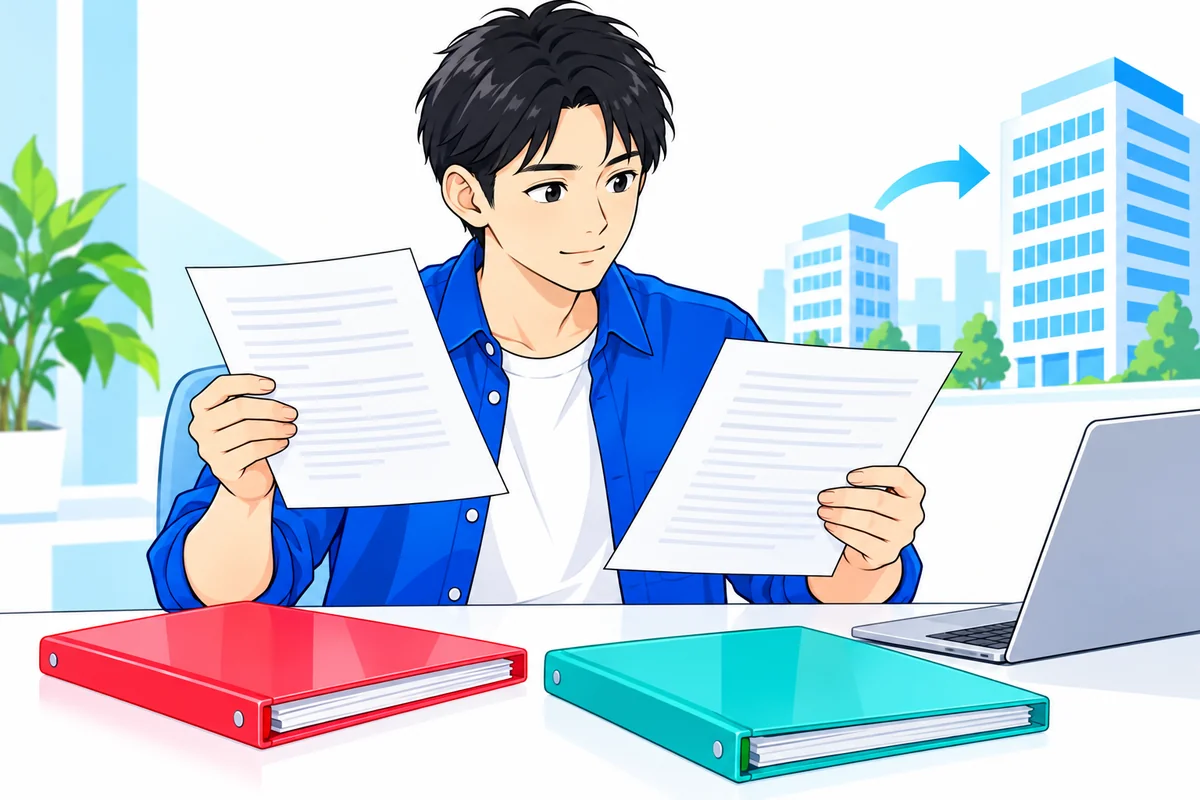転職前と転職後の収入証明書を見比べる男性