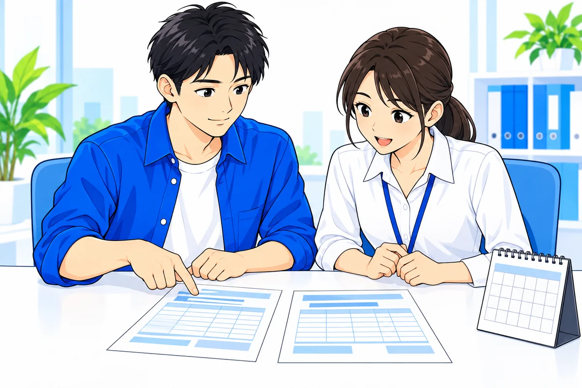 現勤務先の給与明細2枚を担当者と確認する男性