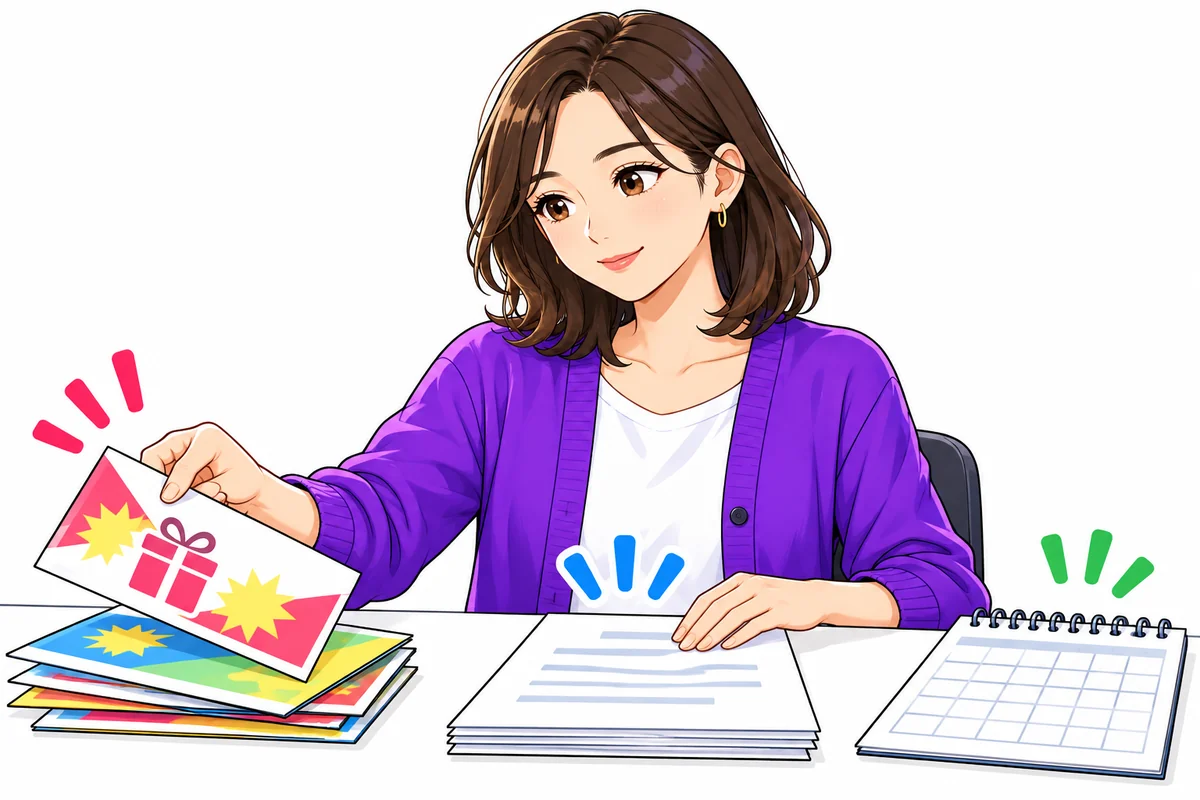 営業案内と書類とカレンダーを分ける女性