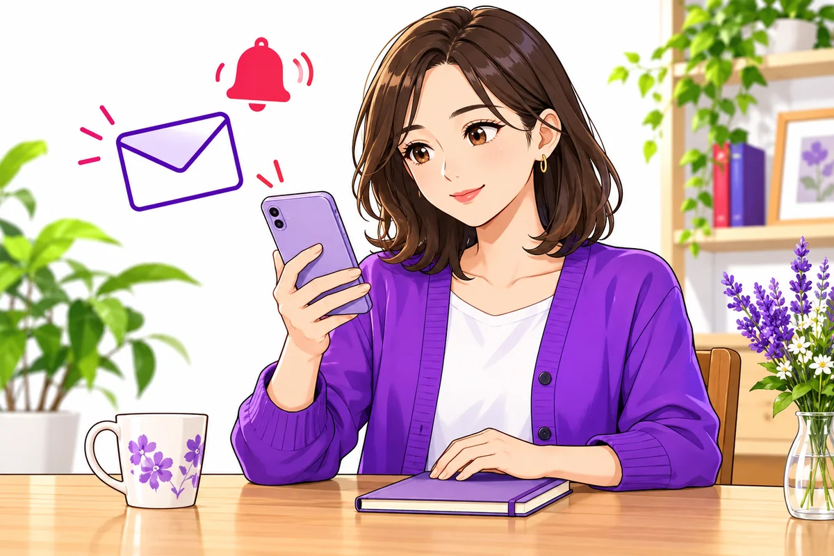 スマートフォンの通知を落ち着いて読む女性