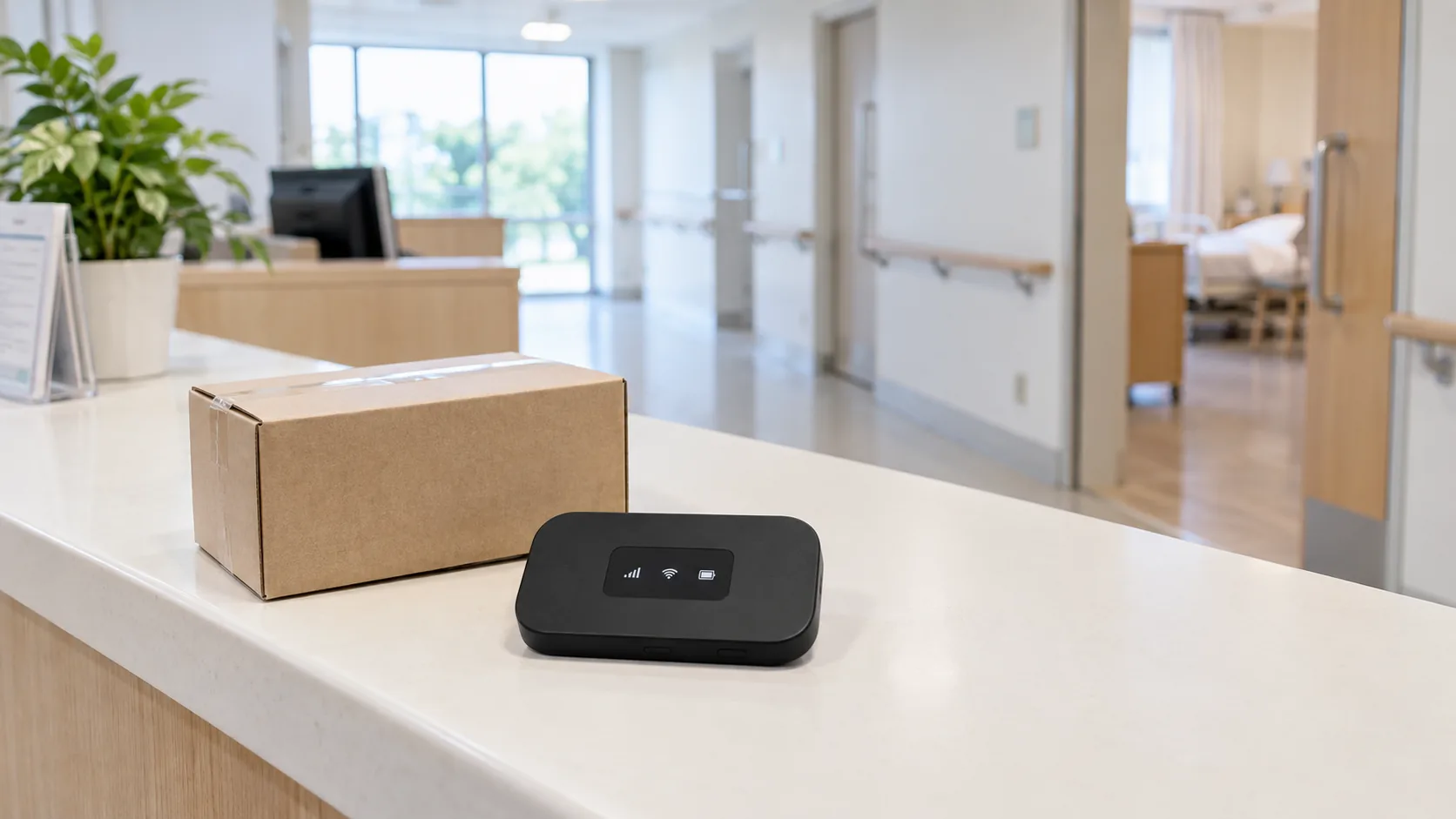 病院の受付カウンターに置かれた配送箱と携帯型WiFiルーターのイメージ