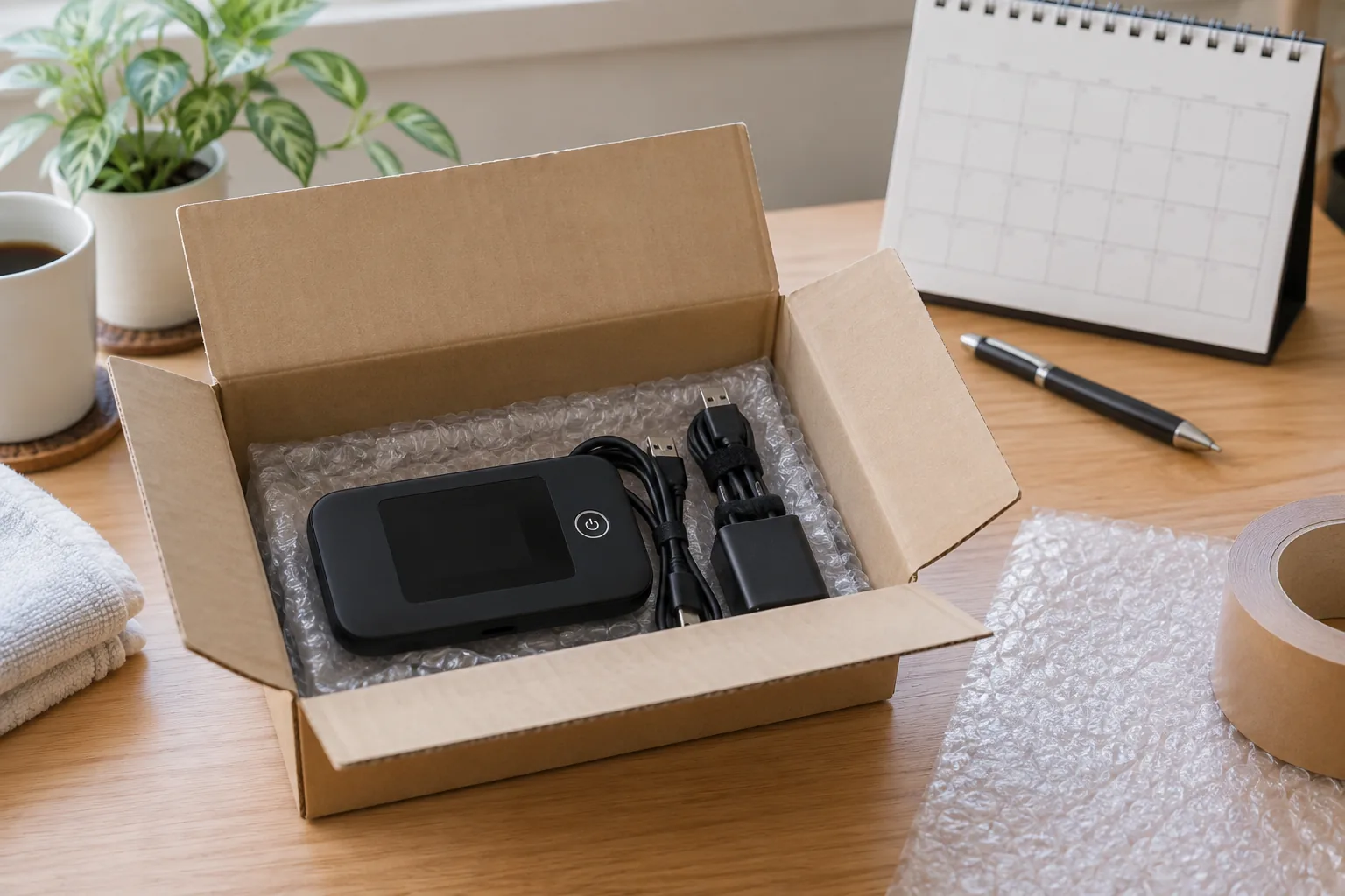 WiFiルーターと充電器を返却用の箱にまとめるイメージ